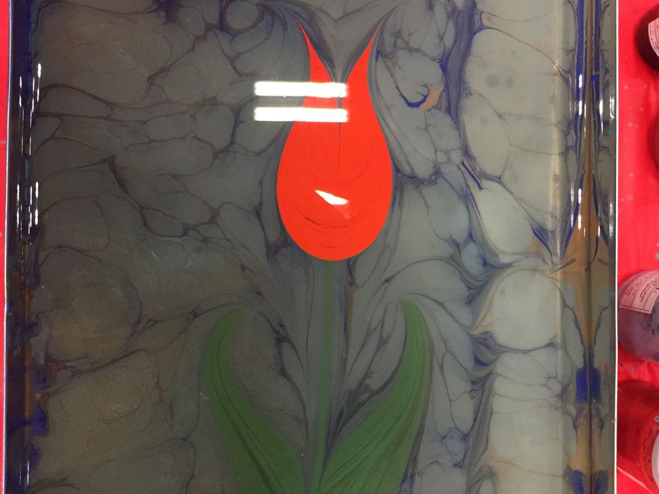 Ebru materials laid out on a table ready for a beginner's first marbling session